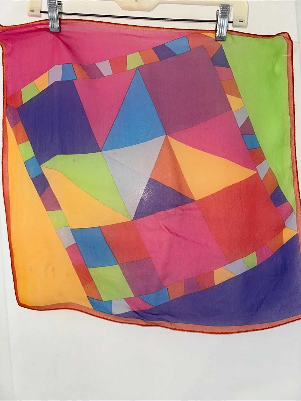 Vintage Bright Multicolor Geometric  Chiffon Scarf - Green, Orange, Blue &‎ Pink